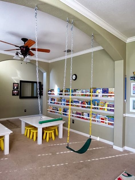 For the boat swing. How to Hang Swings Indoors www.stylewithcents.blogspot.com Indoor Trapeze, Indoor Playroom, Wall Bookshelf, Basement Playroom, Kids Basement, Indoor Swing, Homeschool Room, Sensory Room, Playroom Design