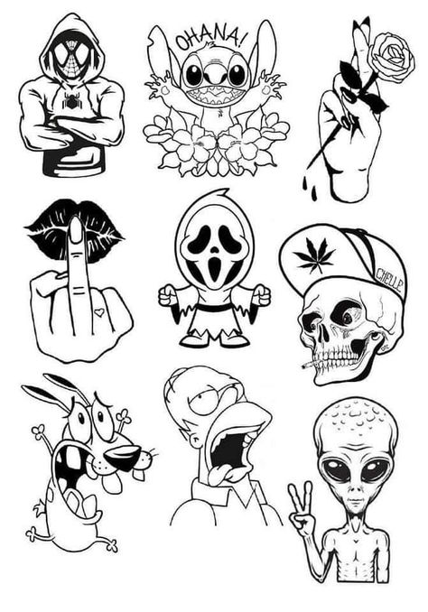 Easy Black And Grey Tattoo, Tattoo Flash For Men, Simple Horror Tattoo Ideas, Retro Cartoon Tattoos, Traditional Tattoo Style Drawings, Easy Tattoo Stencils For Beginners, Cartoon Tattoo Stencils, Mens Small Tattoo Ideas Unique, Mens Tattoo Designs Drawing