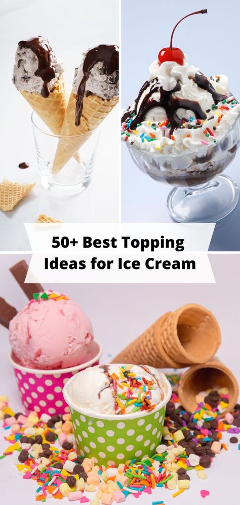 Different scoops of ice cream topped with all sort of sauces, creams, candies, and sprinkle Ice Cream Sundaes Toppings, Ice Cream Sundae Recipe, Sundae Toppings, Sundae Recipes, Ice Cream Sunday, Ice Cream Popsicles, Ice Cream Toppings, Best Ice Cream, Make Ice Cream