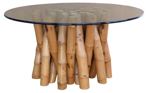 Organic round dining table base of thick bamboo shoots gathered to create a base to support a 3/4" thick glass top. Bamboo base is thick and very sturdy and could be used to support a larger glass top. Base 36"Dia x 29"H; glass top 60"Dia. Slight scratches on glass top wear to bamboo. 60" W x 29.75" H #Modernism #furniture #interiordesign #unique #homes Dining Table Glass Top, Bamboo Dining Table, Dining Table With Glass Top, Glass Kitchen Tables, French Art Deco Furniture, Dining Table Glass, Top Kitchen Table, Table Glass Top, Bamboo Coffee Table