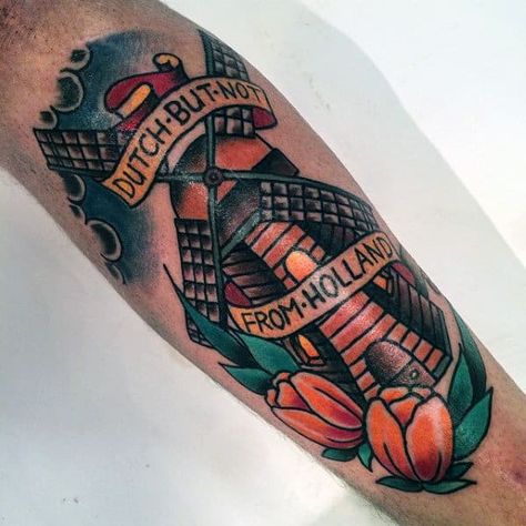 Traditional Tattoo On Leg, Windmill Tattoo, Classy Tattoo, Dutch Tattoo, Mario Tattoo, Vintage Style Tattoos, Flag Tattoo, Classy Tattoos, Tattoo Designs And Meanings