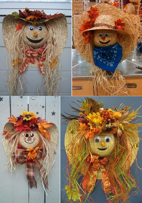 How cute is this scarecrow wreath made of jute hat? Creating it does not require so many embellishment elements; all you need is an old jute hat in your closet. #halloween #halloweenwreaths #Halloweendecorating #halloweendecorations Strawhat Wreaths, Halloween Hat Decorations, Straw Hat Scarecrow Wreath, Scarecrow Hat Wreath, Straw Hat Crafts, Scarecrow Hat, Scarecrow Crafts, Easy Fall Wreaths, Fall Thanksgiving Wreaths