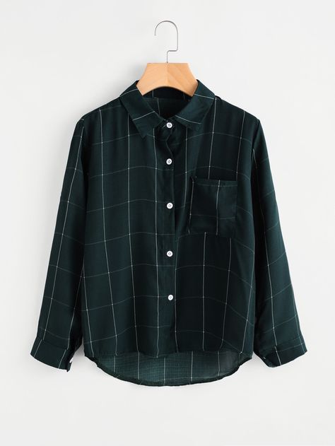 Checked Dip Hem Shirt With Chest Pocket -SheIn(Sheinside) Dip Hem Shirts, Hijab Stile, Casual Plaid Shirt, Green Shirts, Stile Hijab, Green And Gray, Boho Chic Outfits, Plaid Blouse, Shirts Women