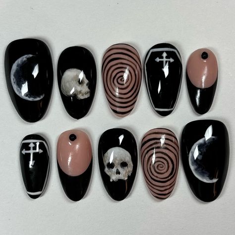 custom skull set ☠️🖤 this was my first time painting a skull on a nail!! i had so much fun making this set 🥹🫶 #nails #nailsnailsnails #nailsart #nailaddict #naildesigns #nailartist #pressons #pressonnails #gelnails #3dnails #explorepage Skull Almond Nails, Skull Nail Tutorial, Skull Nails Art, Black Nails With Nail Art, Halloween Nails Bones, Mortician Nails, Skull Nails Design, Corpse Nails, Short Manicure Nails