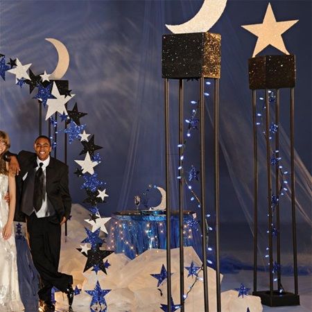 Prom Themes Starry Night, School Dance Themes, Starry Night Prom, Old Hollywood Theme, Homecoming Themes, Masquerade Ball Party, 8th Grade Dance, Dance Decorations, Prom Themes