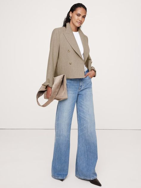 Herringbone Wool Flannel Crop Blazer | Banana Republic Cropped Blazer Street Style, Sharp Shoulders, 2024 Outfits, Dream Aesthetic, Shoes Ideas, Petite Style, 2024 Style, Crop Blazer, Wool Flannel