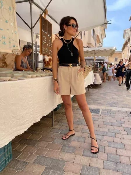 How To Style Celine Belt, Tailored Shorts Outfit Women Casual, Women Summer Holiday Outfits, Cream Tailored Shorts Outfit, Beige Trouser Shorts Outfit, Linen Trouser Shorts Outfit, Tan Celine Belt Outfit, Khaki Trouser Shorts Outfit, Neutral Shorts Outfit