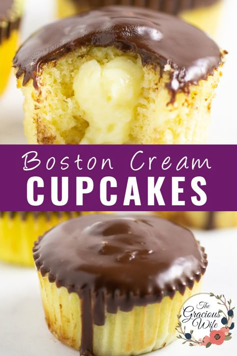 Boston Cream Pie Cupcakes are a mini version of the classic with soft, fluffy, cupcakes, homemade custard filling, and a rich, decadent chocolate ganache. This from scratch recipe is the BEST. Boston Cream Cupcakes Recipe, Cream Pie Cupcakes, Boston Cream Cupcakes, Boston Cream Pie Cupcakes, Cream Filled Cupcakes, Pie Cupcakes, Cream Cupcakes, Impressive Desserts, Boston Cream Pie