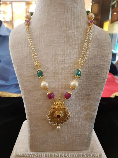 Pearl Ruby Emerald Chain, Gold Temple Necklace, Guttapusalu Necklace, Pearls Chains, Jewelry Necklace Simple, Gold Pearl Jewelry, Pearl Jewelry Design, Gold Jewelry Simple Necklace, Beautiful Gold Necklaces