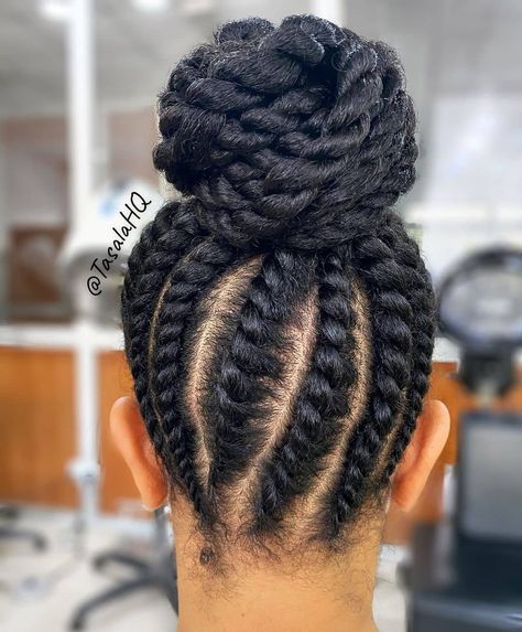 Natural Hair Loving on Instagram: “I love a good flat twisted look 📸⁠@tasalahq” Flat Twist Bun, Bun Hairstyles For Black Women, High Bun Updo, Classy Bun, Updo Hairstyles For Black Women, Braided Bun Styles, Black Hair Bun, Bun With Curls, Flat Twist Hairstyles