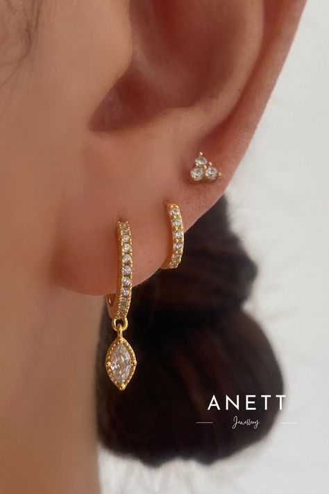 Marquise Cubic Dangle Earring Set Gold Earing Stacks, Earing Aesthetics, Three Piercings Ears, Gold Earrings Stack, Lobe Piercing Ideas, Earring Stack Ideas, Piercing Styling, Three Piercings, Gold Earring Stack