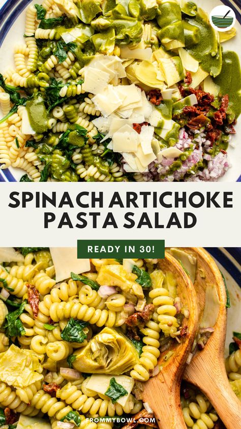 This Spinach & Artichoke Pasta Salad tosses spinach, artichokes, and sun-dried tomatoes in a basil-infused vinaigrette for a vibrant summer meal you can enjoy on its own or as a flavorful side dish. Vegan, Gluten-Free Option. Pasta Salad With Basil, Artichoke Salad Recipes, Artichoke Pasta Salad, Spinach Artichoke Pasta, Pasta Salad With Spinach, Artichoke Salad, Vegan Pasta Salad, Basil Vinaigrette, Artichoke Pasta