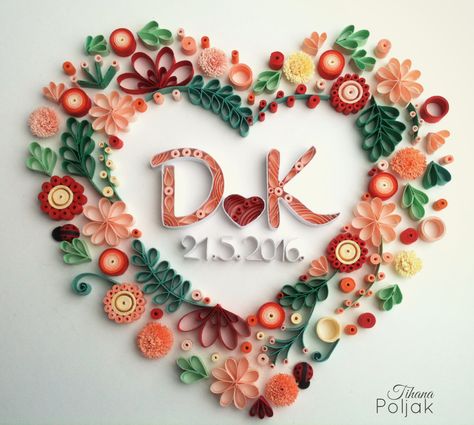 Quilled wreath, quilled heart, quilled letters, quilling flowers, gift for wedding, quilled Ladybug, quilling by Tihana Poljak Paper Quilled Heart, Paper Quilling Wedding Gift, Quilled Wedding Gifts, Quilling Heart Designs, Quilling Wedding Gift, Quilled Ladybug, Paper Quilling Wedding, Wedding Quilling Ideas, Wedding Quilling