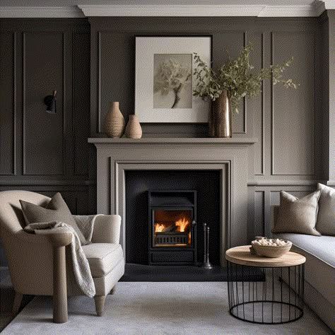 14 Gorgeous board and batten fireplace ideas Fireplace Mantle Living Room, Fireplace Same Colour As Wall, Classic Fireplace Tile, Fireplace And Panelling, Chimney Color Ideas, Painted Fireplace Mantles, Black Accent Wall Decor Ideas, Green Wall Fireplace, What Color To Paint Fireplace