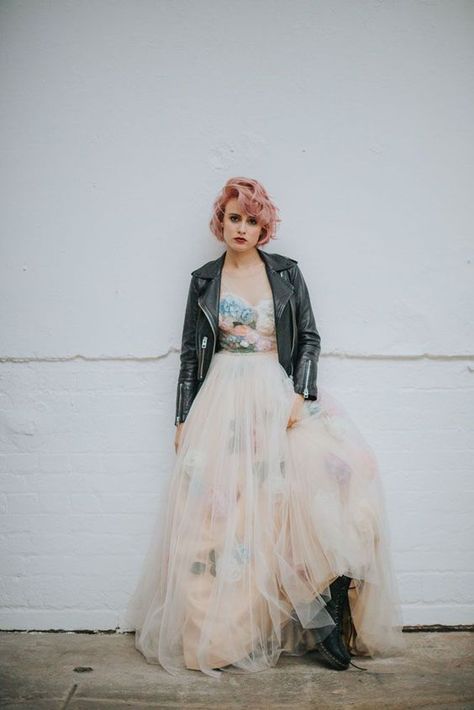 a strapless princess styled wedding gown with embroidery, black army boots and a black leather jacket Rock N Roll Bride Magazine, Punk Rock Wedding, Rocker Wedding, Punk Wedding, Rock N Roll Wedding, Rock Wedding, Alternative Wedding Dresses, Dark Wedding, Alternative Bride