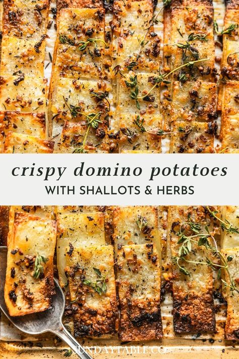 If you're a fan of crispy potatoes, you need to make these easy domino potatoes with shallots and herbs! These potatoes are stacked like dominoes and topped with butter, shallots, thyme, rosemary, and garlic for a flavorful, quick, and simple potato side dish. This recipe can be made in advance so all you have to do is reheat and serve. It's also great for a crowd - everyone loves those crunchy edges! Make this dish for dinner parties or holidays like Thanksgiving or Christmas. They're the best! Roasted Domino Potatoes, Crispy Side Dishes, Recipe With Shallots, Brazilian Potatoes, Recipes Using Shallots, Shallots Recipe Dinners, Recipe Using Shallots, Recipes With Shallots, Fancy Side Dishes