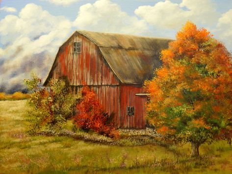 Red Barn Painting, Countryside Paintings, Farm Paintings, Fall Morning, Wood Barn, Barn Painting, Barn Art, Painting Competition, Impressionist Artists