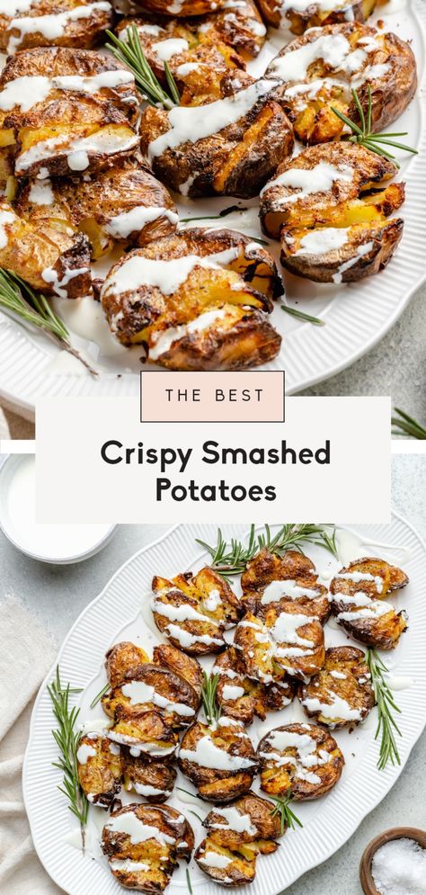 The most delicious crispy smashed potatoes with perfectly golden edges and simple seasoning. You'll love these easy smashed potatoes as a wonderful appetizer or side dish! Serve with our creamy garlic feta sauce or any dipping sauce your heart desires. #potatoes #sidedish #thanksgiving #healthyappetizer #appetizer #holidayrecipe Crunchy Smashed Potatoes, Easy Smashed Potatoes, Feta Sauce, Potato Sauce, Smashed Potatoes Recipe, Potato Appetizers, Crispy Smashed Potatoes, Ambitious Kitchen, Delicious Thanksgiving