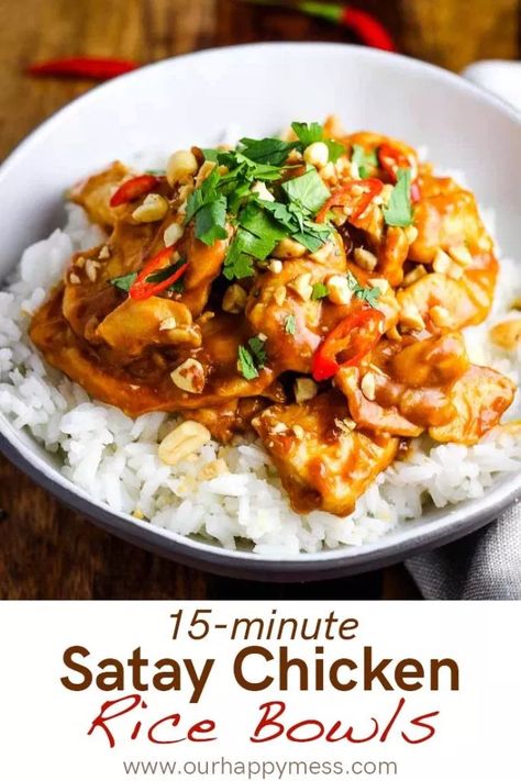 You won\'t believe how quickly this chicken satay rice bowl comes together, for something so tasty! This easy Asian stir fry has a perfect punchy peanut sauce that coats tender chicken breast pieces. Served on rice or rice noodles with crunchy peanuts, fresh cilantro and a few Thai chiles, this is a colorful and delicious 20-minute weeknight meal. #chicken #chickendinner #dinnerrecipes #easydinnerrecipes Chicken Breast Pieces, Chicken Rice Bowls, Summer Meals, Chicken Satay, Peanut Sauce, Rice Bowl, Asian Cooking, Rice Noodles, Asian Dishes