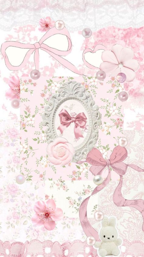 a coquette baby pink flowery wallpaper with lots of ribbons and pearls alongside with some cherry blossoms around Lockscreen And Wallpaper Match, Wallpaper Shuffle, Alfabet Font, Pretty Wallpaper Ipad, Cute Wallpapers For Ipad, Cover Wallpaper, Iphone Photo App, Cute Patterns Wallpaper, Fairy Art