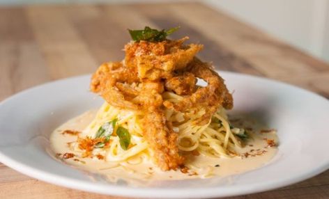 Chequers, Kuala Lumpur Picture: Salted Egg Soft Shell Crab Pasta - Check out TripAdvisor members' 50,304 candid photos and videos of Chequers Soft Shell Crab Pasta, Salted Egg Pasta, Crab Pasta, Soft Shell Crab, Egg Pasta, Bistro Food, Salted Egg, Soft Shell, Asian Food