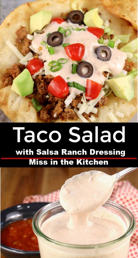 Salsa Ranch Dressing, Easy Taco Salad Recipe, Taco Salad Dressing, Salsa Ranch, Taco Salad Bowls, Keto Taco Salad, Healthy Tacos Salad, Taco Toppings, Chicken Taco Salad