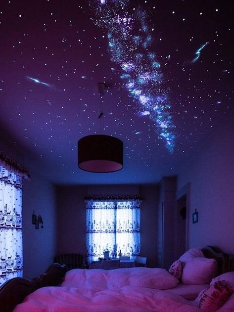 Universe Light Bedroom, Galaxy Celling Design, Pandora Themed Bedroom, Galaxy Bedroom Aesthetic, Space Ceiling Bedroom, Moon Bedroom Aesthetic, Pandora Bedroom, Moon Themed Bedroom, Space Aesthetic Room