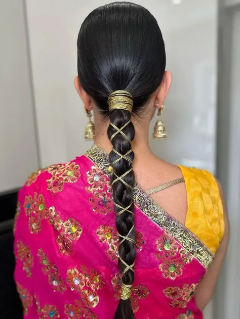 Wedding guest with punjabi braid Punjabi Style Hairstyle, Mehendi Braid Hairstyles, Braid For Indian Wedding, Mendhi Hairstyles Bridesmaid, Gotta Hairstyle, Punjabi Jaggo Hairstyles, Navratri Braid Hairstyles, Ponytail Hairstyles For Navratri, Hairstyle For Jaggo Punjabi