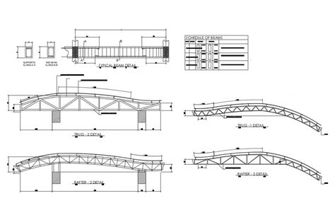 Typical beam and truss of house cad structure details that includes a detailed view of truss details, beam details, beam schedule details, support along, mid support details, dimensions details and much more of structure details. Truss Structure Architecture Building, Structural Details Architecture, Steel Structure Section, Structure System Architecture, Truss Structure Architecture, Roof Structure Architecture, Steel Structure Detail, Space Truss Structure, Steel Structure Architecture