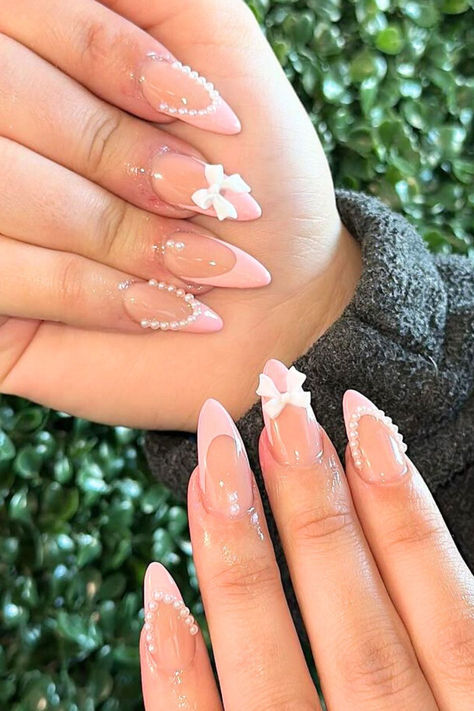 Coquette Nails Bday Nails Ideas Almond Shape, Almond Coquette Nails, Coquette Almond Nails, Coquette Nails Almond, Dark Coquette Nails, Long Almond Nails, Pink Tip Nails, Romantic Nails, Almond Nails Designs