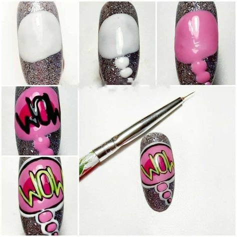 Comic Nail Art, Groovy Nails, Pop Art Nails, Doodle Bug, Nail Place, Nail Drawing, Nail Time, Nail Pops, Gel Art