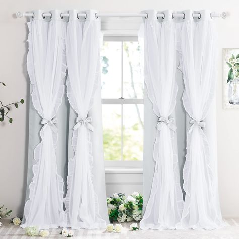 PRICES MAY VARY. Package Content: 2 Double-layered panels measuring 52"W by 84"L each. 8 silver Grommets (1.6" inner diameter) top to fit most of the standard curtain rod. 4 fabric tiebacks included Double Layers: Made of 100% polyester fabric, block out a fair amount of light & heat while adding privacy. The white sheer panel bring an elegant and luxurious feeling Ruffle Sheer: The fabric is perfect and the ruffle adds a nice charm, something soft and feminine and these are perfect. Super soft French Country Drapes, Girl Curtains, Chic Curtains, Ruffle Curtains, Layered Curtains, Shabby Chic Curtains, Tulle Curtains, Shabby Chic Living Room, Curtains For Bedroom