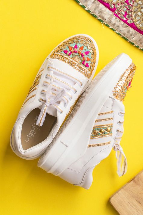 Bridal Sneakers for Wedding Lehengas Artsy Shoes, Bride Sneakers, Converse Wedding Shoes, Embroidered Sneakers, Bridal Sneakers, Custom Sneakers Diy, Shoe Makeover, Diy Sneakers, Wedding Sneakers