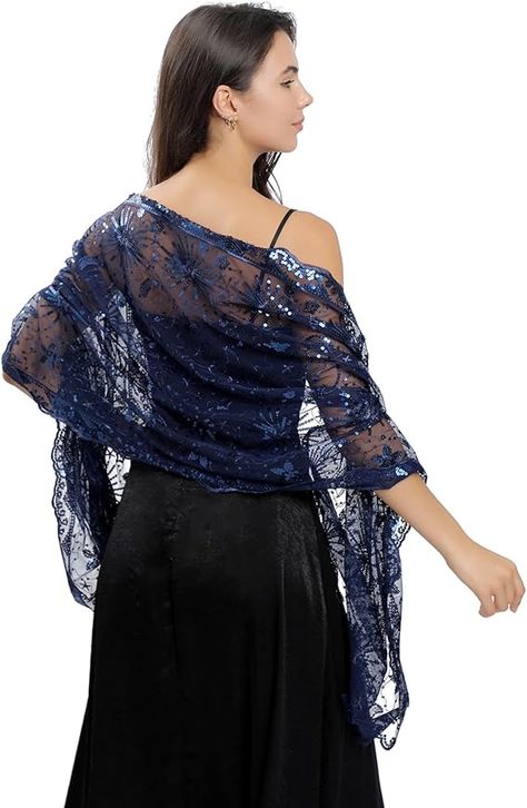 Baoqiya Women's Sparkling Sequin Deco Wedding Scarf for Bride 1920s Shawls and Wraps for Evening Party Dress (Navy) at Amazon Women’s Clothing store Wedding Scarf, Summer Shawl, Blue Shawl, Dress With Shawl, Wedding Shawl, Wedding Wraps, Lace Scarf, Lace Shawl, Striped Scarves