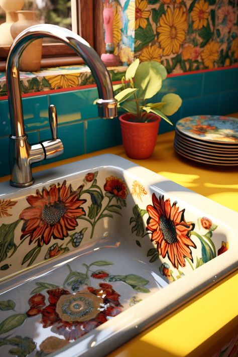 Romani Kitchen, Tile Sink Kitchen, Tiled Sink Kitchen, Tiled Kitchen Sink, Tiled Sink, Painted Sink, Hard Motivation, Mexican Sink, Colored Sinks