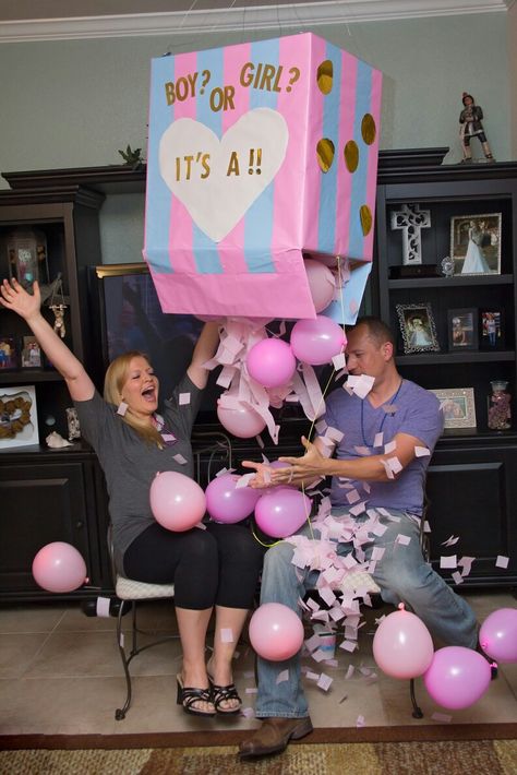 Gender reveal party - balloon drop! Gender Reveal Ideas Balloons Pop, November Gender Reveal, Gender Reveal Drop Box Diy, No Mess Gender Reveal Balloon, Balloon Drop Gender Reveal, Gender Reveal Ballon, Gender Reveal Balloon Drop, Gender Reveal Pop Balloon, November Gender Reveal Ideas