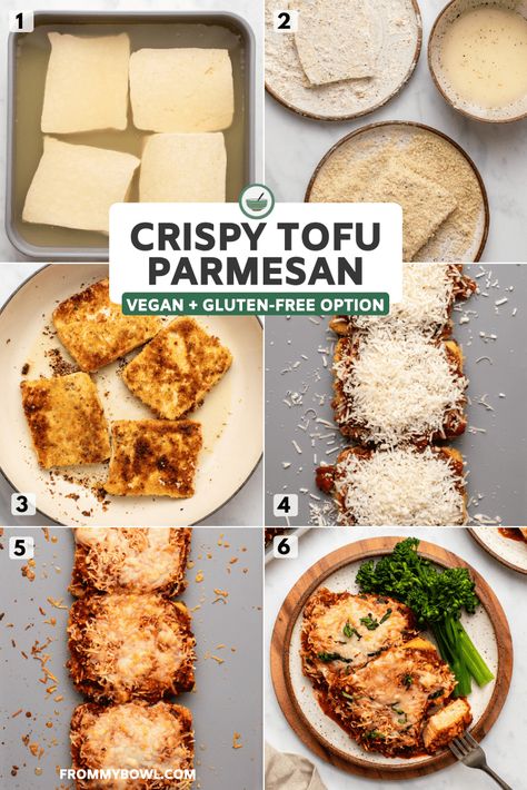 This Crispy Tofu Parmesan is breaded and pan-fried until golden, then baked in the oven until extra crispy! A cozy and hearty vegan main with a gluten-free option. Tofu Parmesan, Tofu Fried, Breaded Tofu, Vegan Mozzarella, Vegan Tofu, Tofu Dishes, Crispy Tofu, Baked Tofu, Tofu Recipes