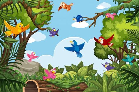 Vector colorful birds in jungle scene | Premium Vector #Freepik #vector #cute-bird #nature-animal #bird-tree #bird Birds Theme, Diwali Pictures, Jungle Birds, Jungle Scene, Bird Gif, Bird Theme, Mommy Style, Colorful Birds, Girly Art