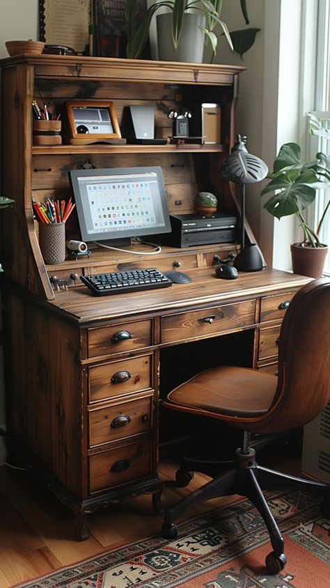 Vintage Desk With Shelves, Office In A Small Space, Setting Up A Home Office, Art Workspace, Stylish Desk Accessories, Desk Nook, Vintage Home Office, Cozy Fall Bedroom, Under Desk Storage