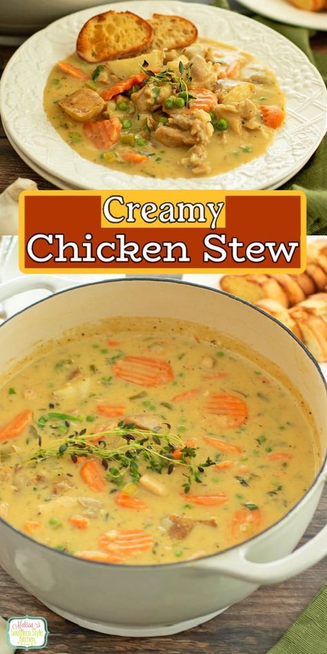 This easy Chicken Stew Recipe is filled with warm and hearty flavors that the whole family will love! #chickenstew #chickenrecipes #chickenthighs #southernrecipes #easychickenrecipes via @melissasssk Dutch Oven Chicken Stew Recipes, Slow Cooker Chicken Stew Recipes, Dutch Oven Chicken Recipes, Homemade Chicken Stew, Chicken Thighs And Veggies, Hearty Soups And Stews, Easy Chicken Stew, Creamy Chicken Stew, Chicken Soup Recipes Homemade