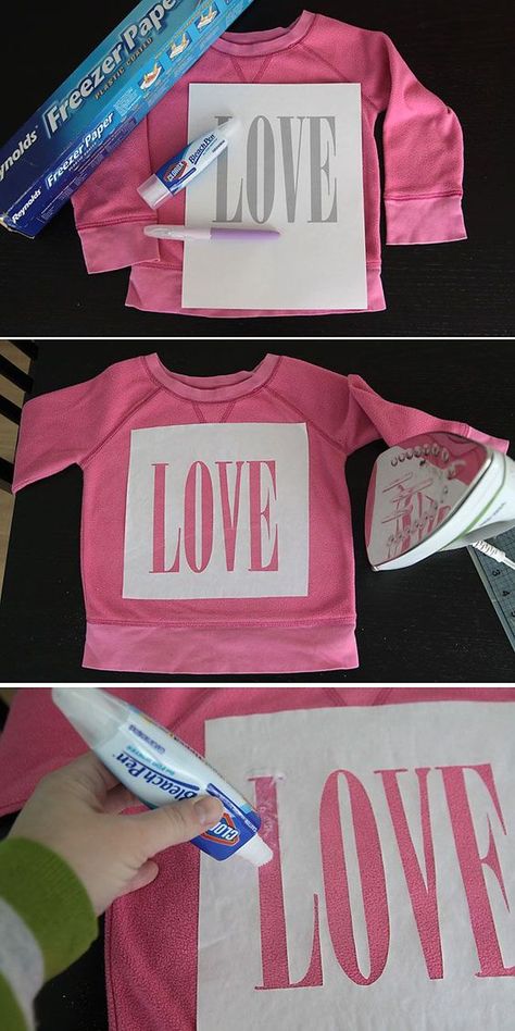 Bleach Shirt Diy, Freezer Paper Stenciling, Bleach Pen, Diy Valentine's Day, Freezer Paper, Tshirt Crafts, Valentine's Day Diy, Valentine Day Crafts, Valentine Day Love