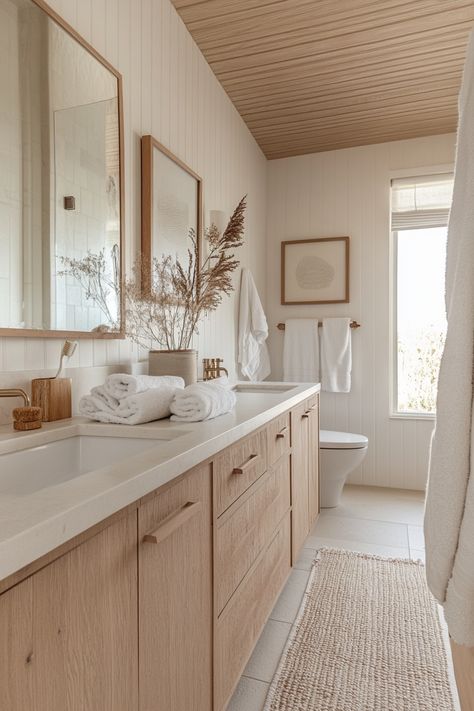 White With Wood Bathroom, Hygge Design Interiors, Swedish Bathroom Design, Warm Transitional Bathroom, Nuetral Pallete Bathrooms, Natural Wood Bathroom Ideas, Boho Neutral Bathroom, White And Wood Bathroom Ideas, White And Oak Bathroom