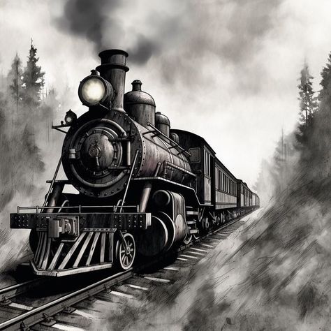 Steam Train Drawing, Steam Train Tattoo, Train Sketch, Train Artwork, Train Tattoo, Baby Dragon Art, Steam Trains Photography, Train Drawing, Old Steam Train