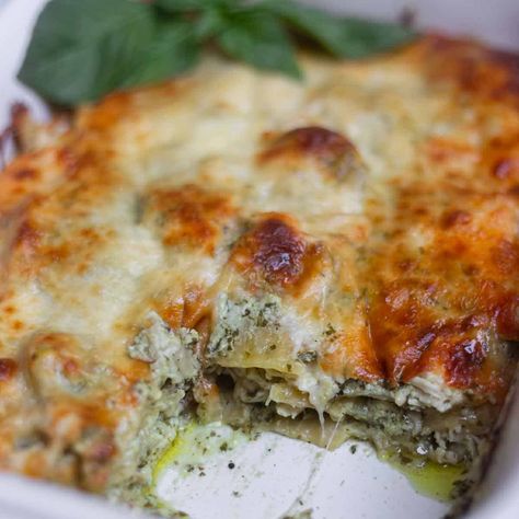 This easy and delicious white Chicken Pesto Lasagna is layered with shredded chicken, a creamy pesto béchamel sauce, and mozzarella cheese. White Chicken Pesto Lasagna, Chicken Pesto Lasagna Recipes, Pesto Chicken Lasagna, Chicken Pesto Lasagna, Pesto Lasagna, Salmon Quinoa, Béchamel Sauce, Homemade Pesto Sauce, Pesto Tortellini