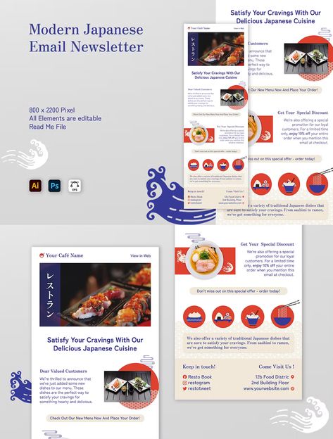 Japanese Restaurant Email Newsletter Template AI, EPS, PSD Email Newsletter Template, Newsletter Template, New Menu, Japanese Restaurant, Email Design, Email Templates, Email Newsletters, Ui Kit, Osaka