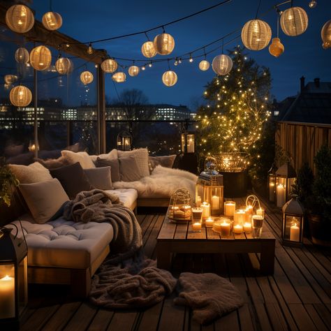 Balcony Lantern Ideas, Cozy Rooftop Terrace, Terrace Christmas Decor, Christmas Rooftop Decorations, Terrace Decoration Ideas For Party, Rooftop Decoration Ideas, Rooftop Terrace Decor, Rooftop Party Decorations, Terrace Lighting Ideas