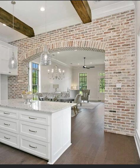 French House Interior Modern, Brick Homes Interior, Brick Archways In Homes, Kitchen Brick Archway, Brick Farmhouse Interior, French Country Master Bath Bathroom, Brick Opening To Kitchen, Brick Farmhouse Kitchen, Farmhouse Brick Interior