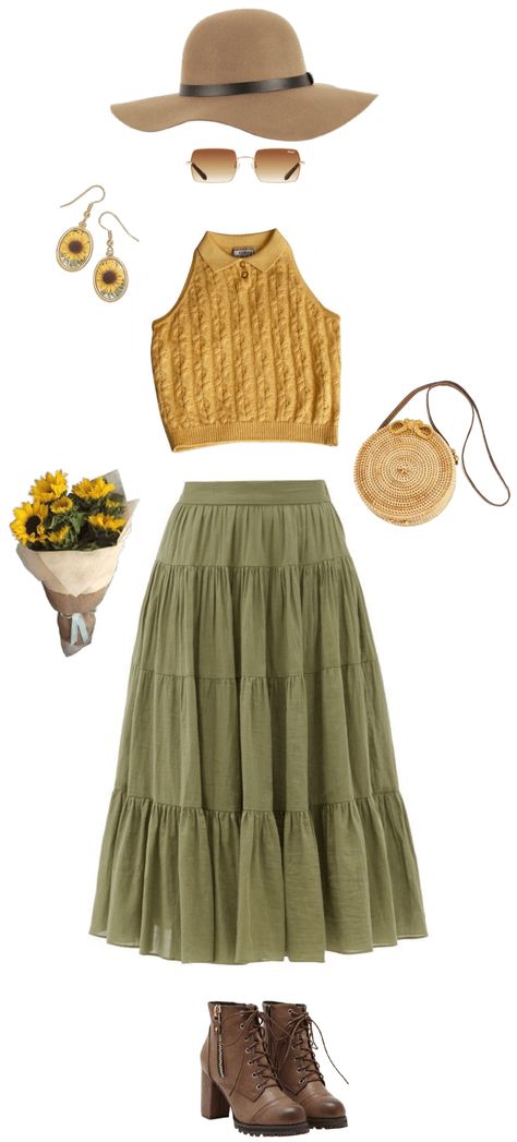 Sunflower outfit ideas | Sunflower Sunflower Maze Outfit, Sunflower Patch Outfit Ideas, Sunflower Skirt Outfit, Sunflower Inspired Outfit, Sunflower Aesthetic Outfit, Sunflower Outfit Aesthetic, Combat Boot Heels, Casual Cottagecore, Sunflower Outfit