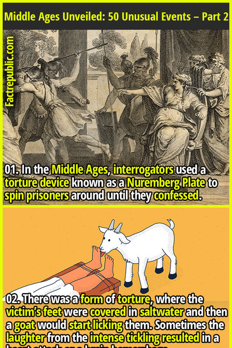 01. In the Middle Ages, interrogators used a torture device known as a Nuremberg Plate to spin prisoners around until they confessed. #middleages #medieval #history #didyouknow Medieval Prison, Medieval Torture Devices, Medieval Torture, Medieval Germany, Funny Medieval, Podcast Ideas, Fact Republic, Medieval England, History Facts Interesting