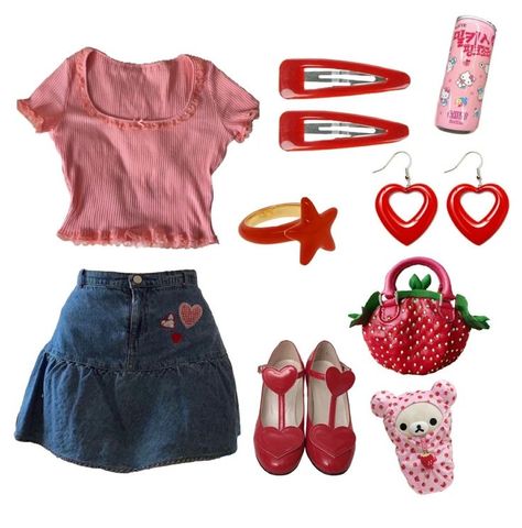 Strawberry Aesthetic Outfit, Lovecore Aesthetic Outfit, Lovecore Fashion, Strawberry Shortcake Outfits, Coquette Red, Strawberry Outfit, Lovecore Aesthetic, Hello Kitty Clothes, Artsy Outfit